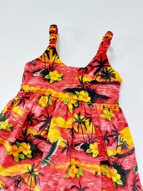 Red & Orange Sunset Hawaiian Dress 12m Cruise Vacation Tropical Boat Palm Tree